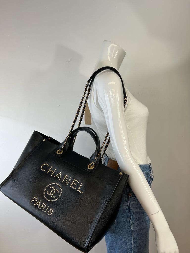 CHANEL CAVIAR STUDDED DEAUVILLE LARGE TOTE BAG