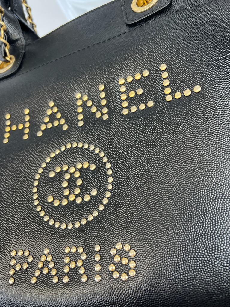 CHANEL CAVIAR STUDDED DEAUVILLE LARGE TOTE BAG