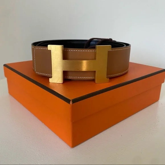 Hermes 42mm Constance Belt Orange / Gold Brushed Gold Buckle 100